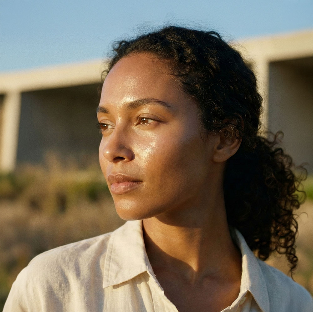 Woman with radiant, healthy skin and a natural glow in warm sunlight.